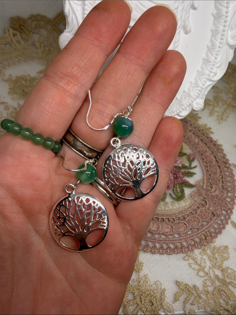 Handmade 925 Sterling Silver Tree of Life Green Agate Dangle Earrings Artisan - Picture 5 of 6